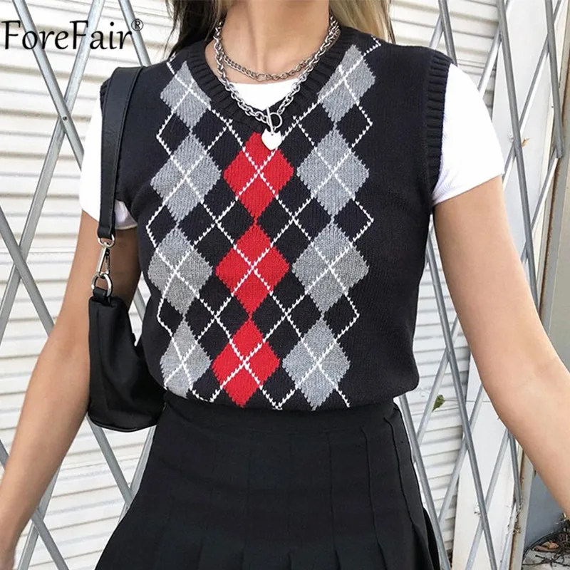

Forefair V Neck Black Sleeveless Plaid Korean Preppy Style Women Knit Vest Sweater Casual Cropped Sweaters Tops Autumn Winter