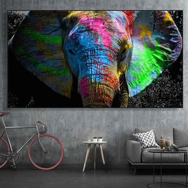 

Big Size African Colorful Elephant Canvas Printings Oil Painting Printed Animal Fantasy Elephant Canvas Pictures Wall Decor