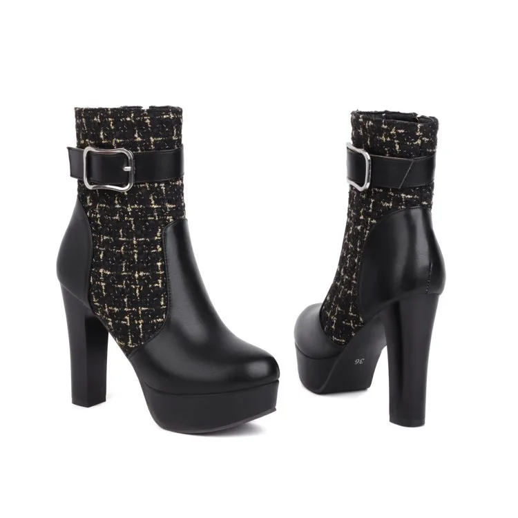

High heels Winter new round head patchwork color buckle women's large size 43 fashion short cowboy boots platform shoes black