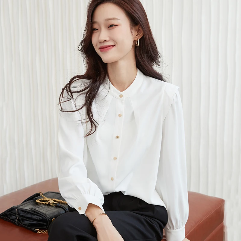 

BETHQUENOY Spring Clothes Women Vintage Button Up Chiffon Blouses Camisas De Mujer Round Neck White Shirts Woman Fashion Tops
