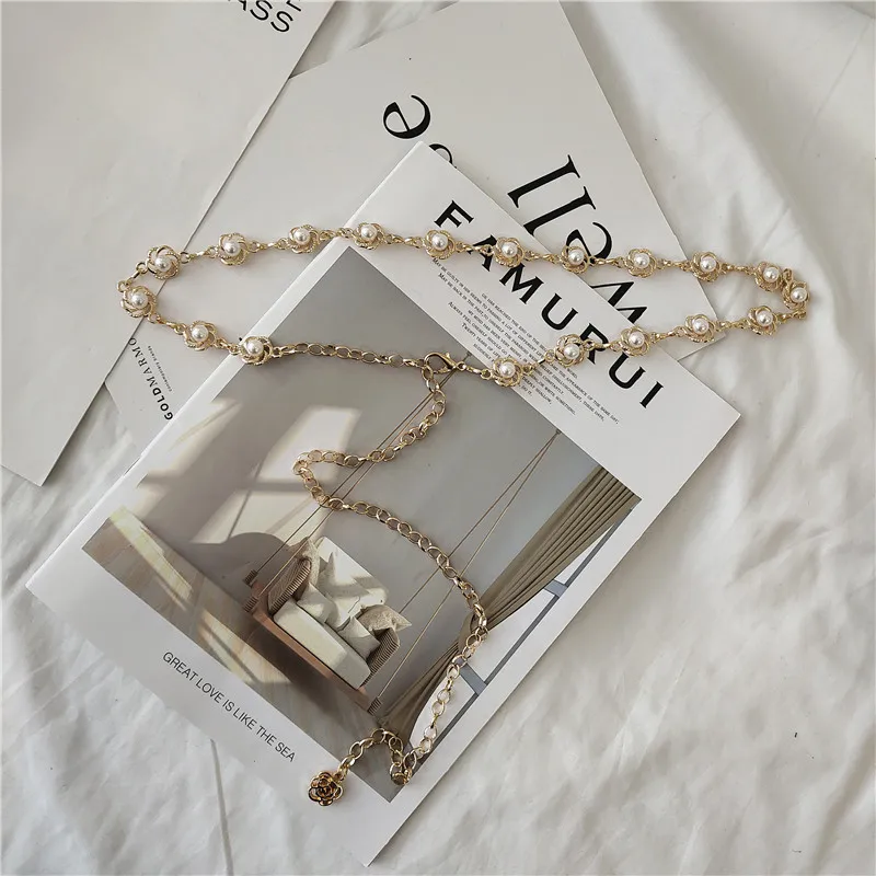 

Chain Belt Ms. Decoration Slender Simple Wild with Dress Metal Pearl Drill Fashion Leather Waistband