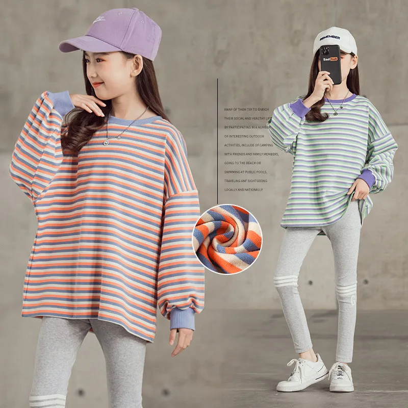 

2021 Spring New Girls Sweatshirts Fashion Stripe Undershirt Teens Kids Pullover Splicing 4-14 Years Girls Hoodies Children Tops