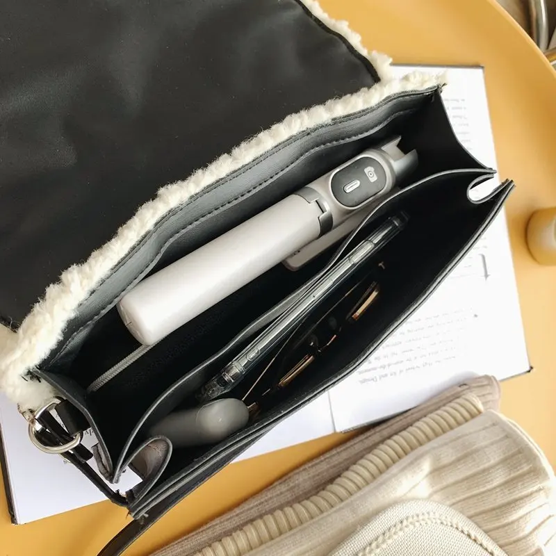 

Winter Plush Handbag for Women High Quality Leather Shoulder Bag Square Bag Female Designer Luxury Brand Crossbody Bag Purse