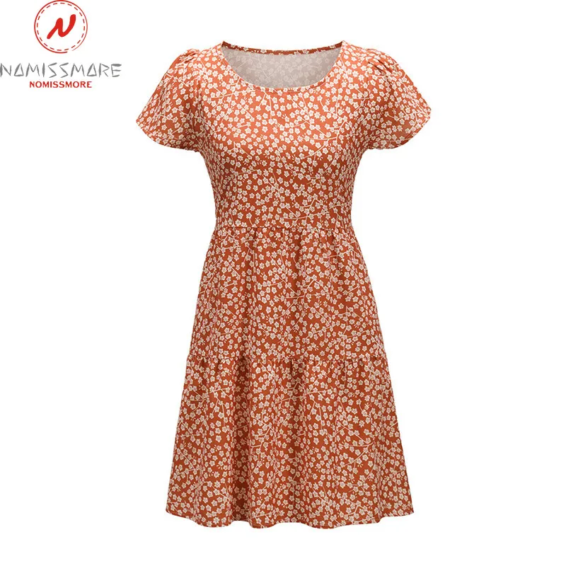 

Bohemian Style Women Summer Print A-Line Dress Ruffles Decor O-Neck Short Sleeve Loose Pullovers Mini Dress for Streetwear