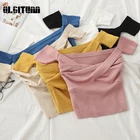 2020 сексуальный летний свитер Топы женские с открытыми плечами Женские однотонные плиссированные топы с коротким рукавом трикотажные женские топы