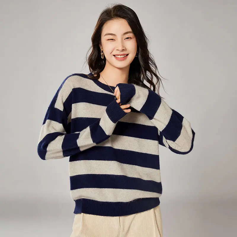 

Женский свитер в полоску TAOLOR, однотонный вязаный пуловер из 2021-ной шерсти с круглым вырезом, Повседневная Верхняя одежда для осени, 100%