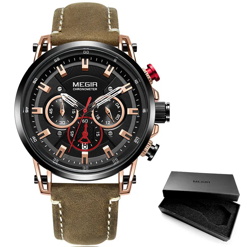 ML2085G-Brown-Black Megir кварцевые часы с кожаным ремешком для отдыха для мужчин, 24 часа, хронограф, 3 АТМ, водонепроницаемые армейские спортивные наручные часы, Relogios 2085Rose - Цвет: ML2085G-Brown-Black