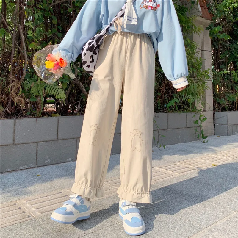 

Japanese Kawaii Soft Girl Pants Loose Thin Cartoon Bear Embroidery Pants Elastic Waist Casual Ruffles Cute Solid Straight Pant
