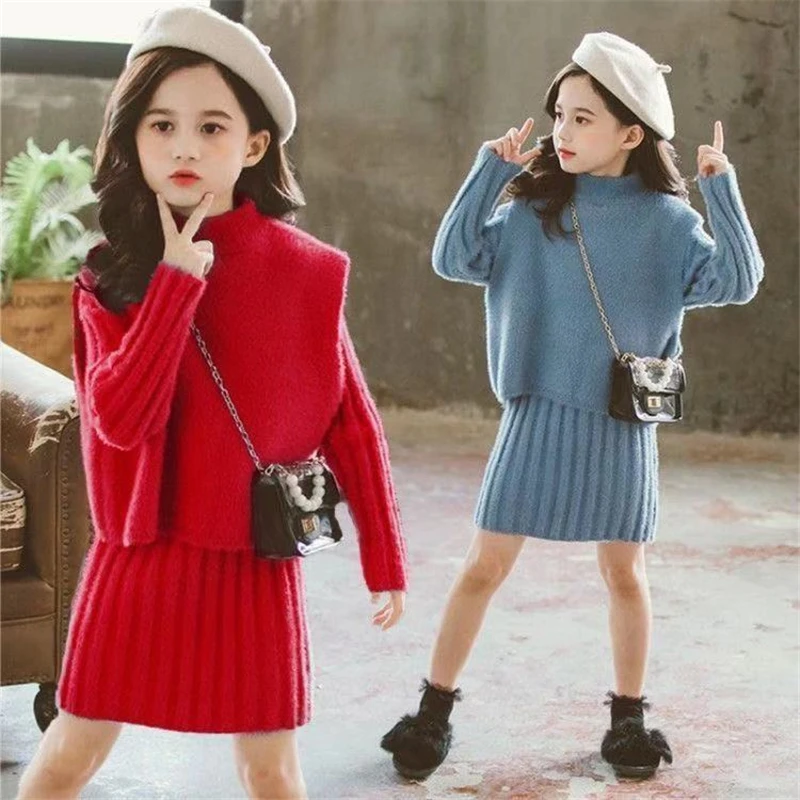 

Fashion Spring Autumn Red Blue Sweater Sets Kids Girl Suits 2PCS Sports Knitted Wool Buttocks Outfits Teens Children High Qualit