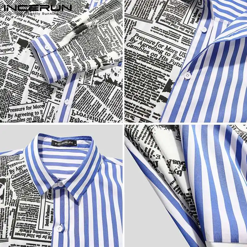 

Fashion Men Shirt Print Striped Patchwork Lapel 3/4 Sleeve Tops Streetwear 2021 Blouse Korean Baggy Casual Camisas INCERUN S-5XL