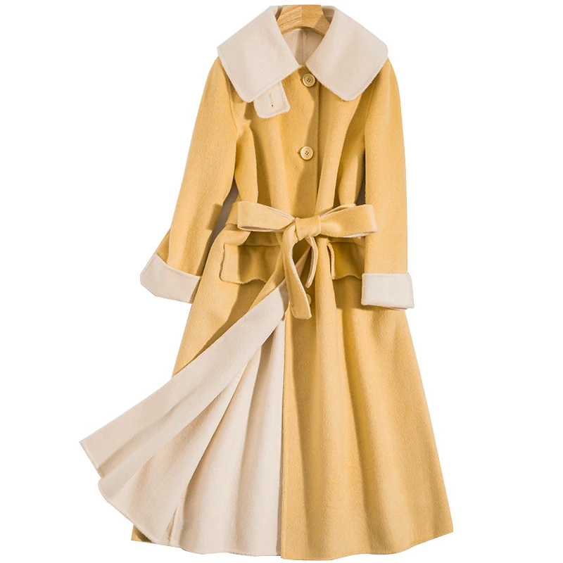 

Popular Korean version new winter double faced woolen coat 2019 women's long over knee woolen coat zero cashmere