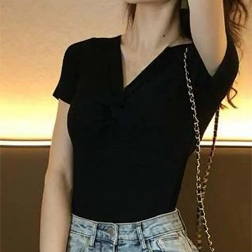 

Women Short Sleeve Stretch Knitted T-shirt V-neck Cross Wrap Tops Streetwear