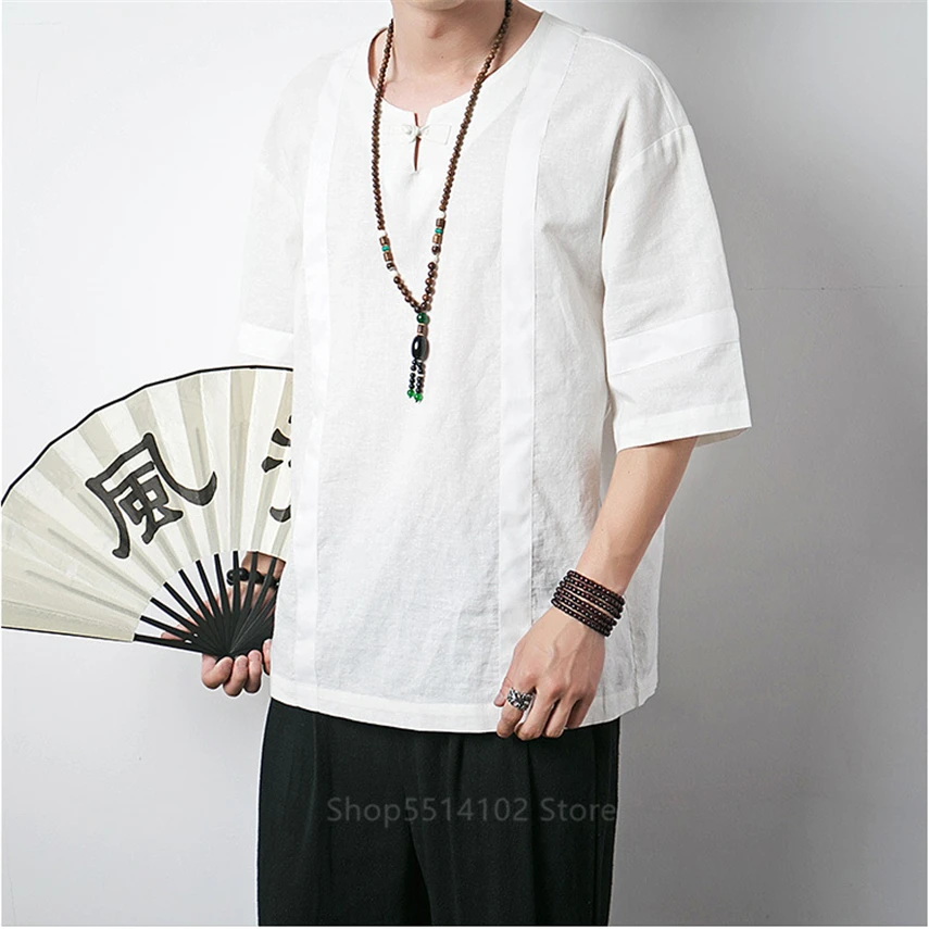 Китайский топ винтажная рубашка из хлопка и льна с коротким рукавом женская