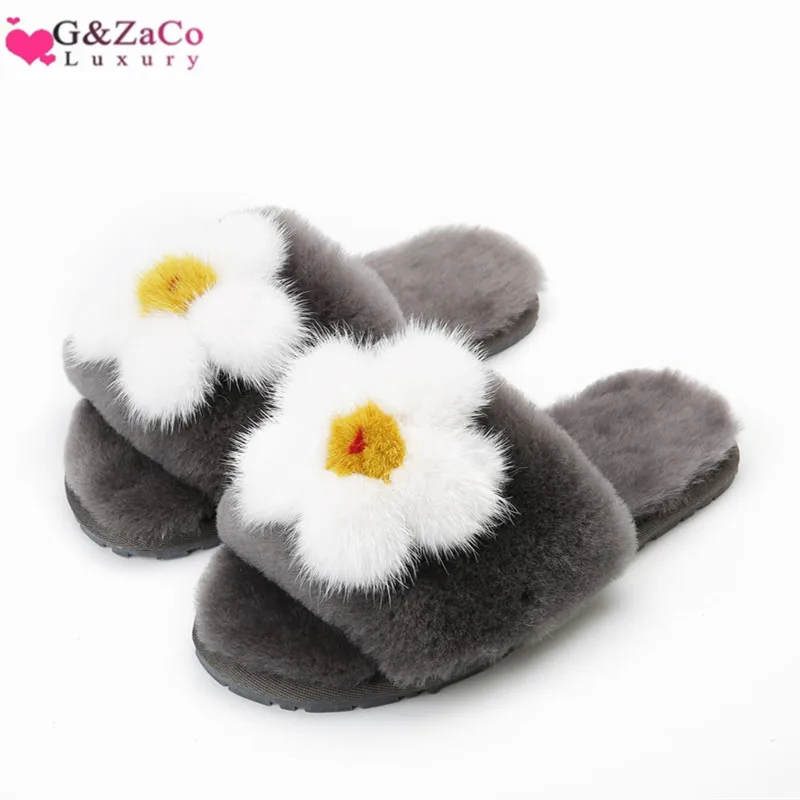 

G&Zaco Luxury Winter Wool Slippers Natural Sheep Fur Real Fleece Flat Bottom Mink Fur Flower Slipper Fluffy Women's Shoes