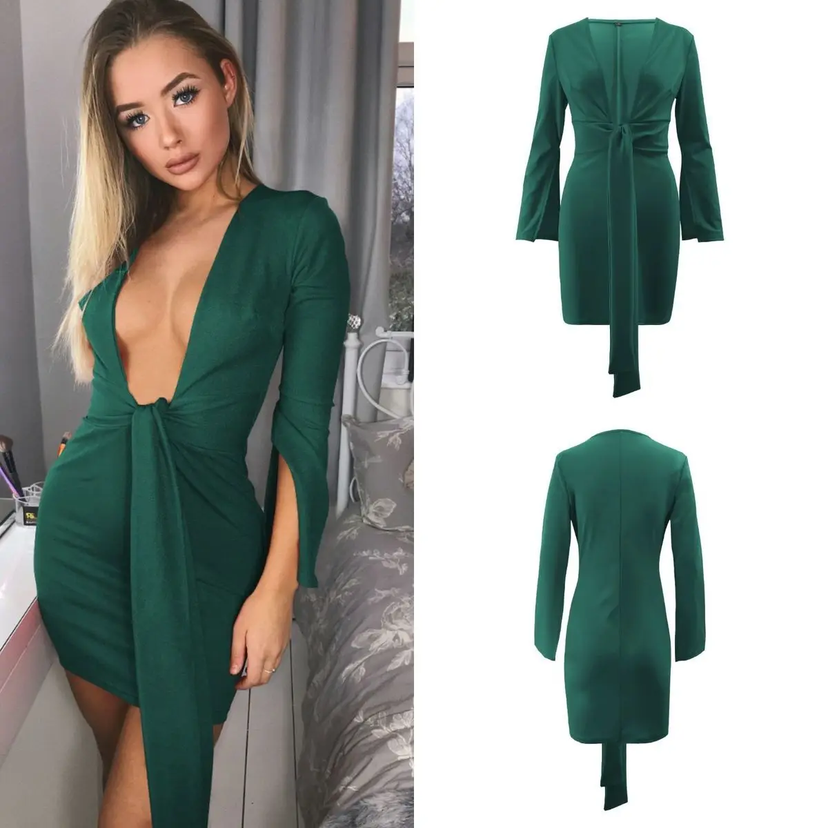 

Summer new hot women's long sleeve deep V-neck sexy irregular waist lace up dress 2033