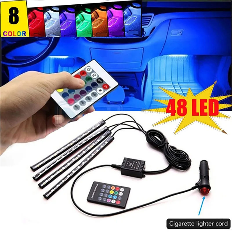 

48 LED Light Strips for Car with Cigarette Lighter Cord 8 Colors Car Interior Atmosphere Neon Lights Lamps Strip