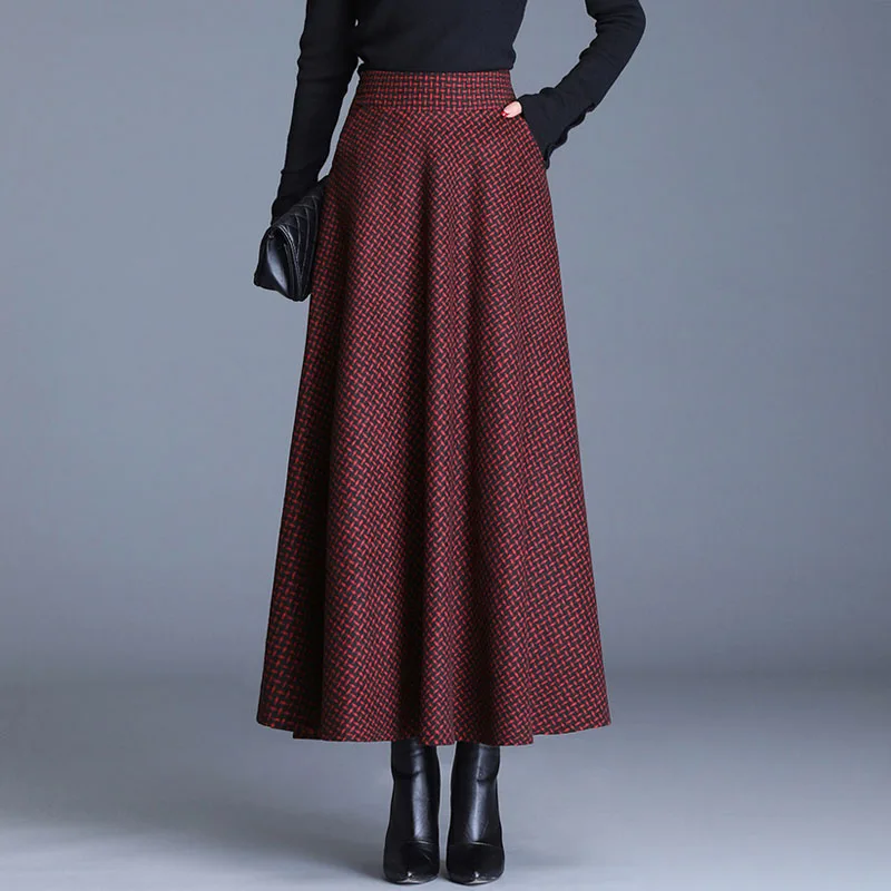 

Warm A-Line Skirt Fashion Office Elegant Maxi Skirt Femme Saia Longa Plaid Woolen Women Skirts High Waist Pleated Winter