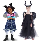 Хэллоуин Девушки малефисент платье черный Дьявол Королева Косплей платье пачка костюм Маскировка вампир одежда с перьями шаль