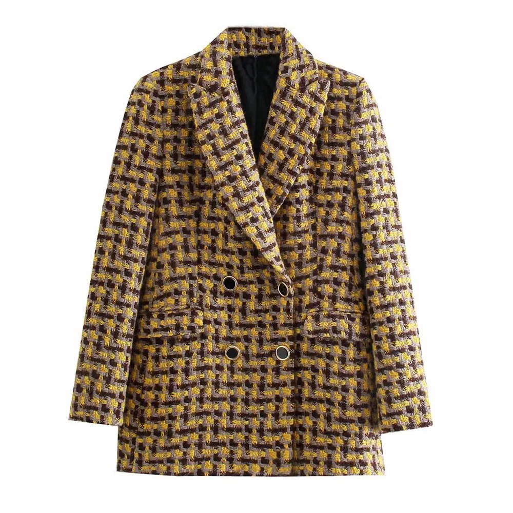 

Женский двубортный блейзер из твида FAKUNTN Za, винтажный пиджак с длинными рукавами и карманами, верхняя одежда, шикарная куртка