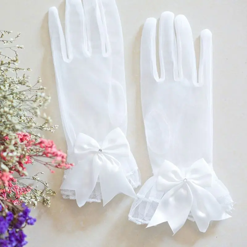 

K3NF New Bride Gloves Gauze Bow-knot with Fingers Short White Glove Wedding Dress Accessories Photo Props