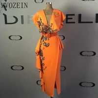 gold lace appliques evening dresses 2020 cap sleeves v neck sheath evening gowns orange slit sequins tea length formal dress