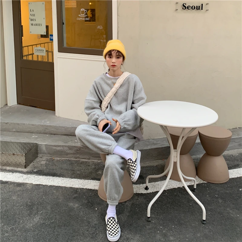 

Women 2021 Fashion Oversized Fleece Solid Sweatshirts Vintage Long Sleeve Warm Female Pullovers Chic Tops Two-piece set
