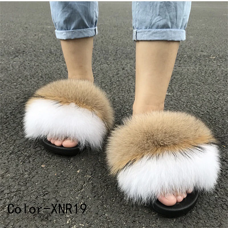 Fur Slippers Female Summer Ladies Flip-Flops Cute Fluffy Plush Home Sandals Wear-Resistant Outdoor Flat-Bottomed Fox Fur Slipper