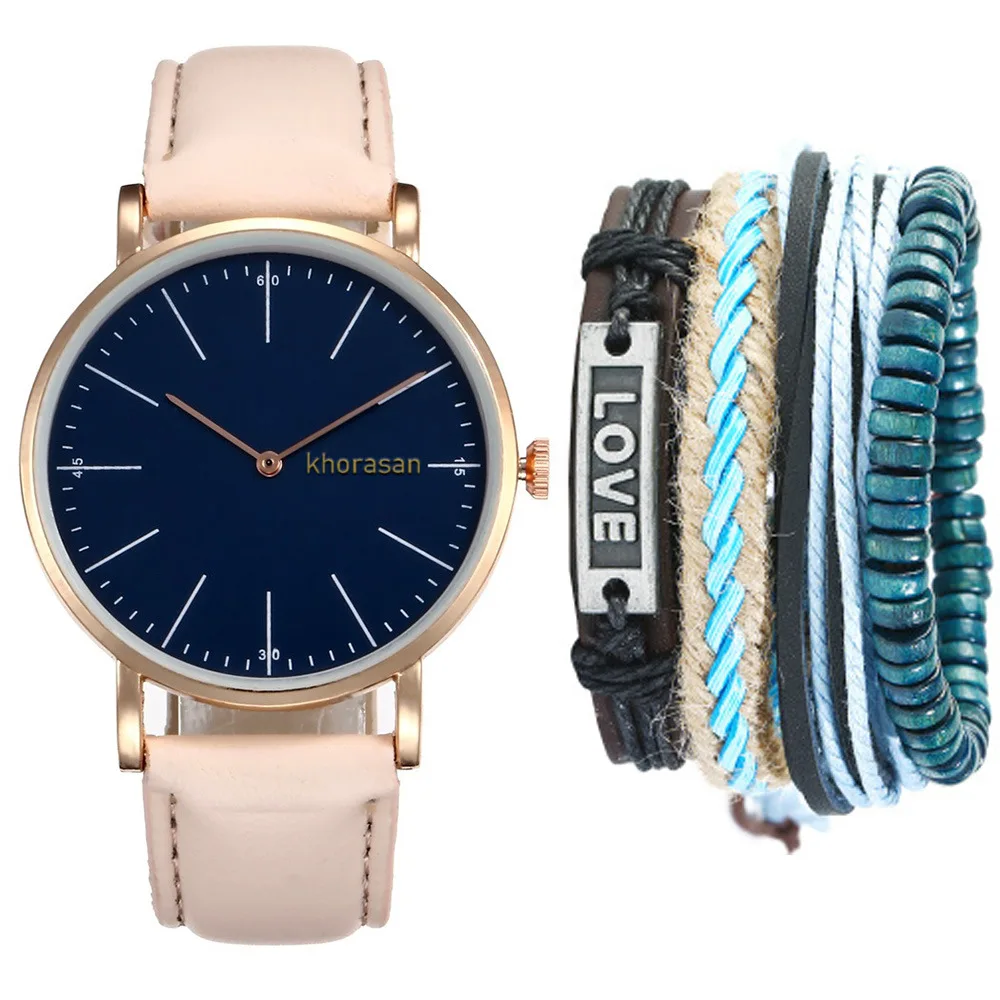 Watches for Men Mens Watches Top Brand Luxury Men's Fashion Simple Leather Belt Quartz Watch + Bracelet Set (5 Pieces)