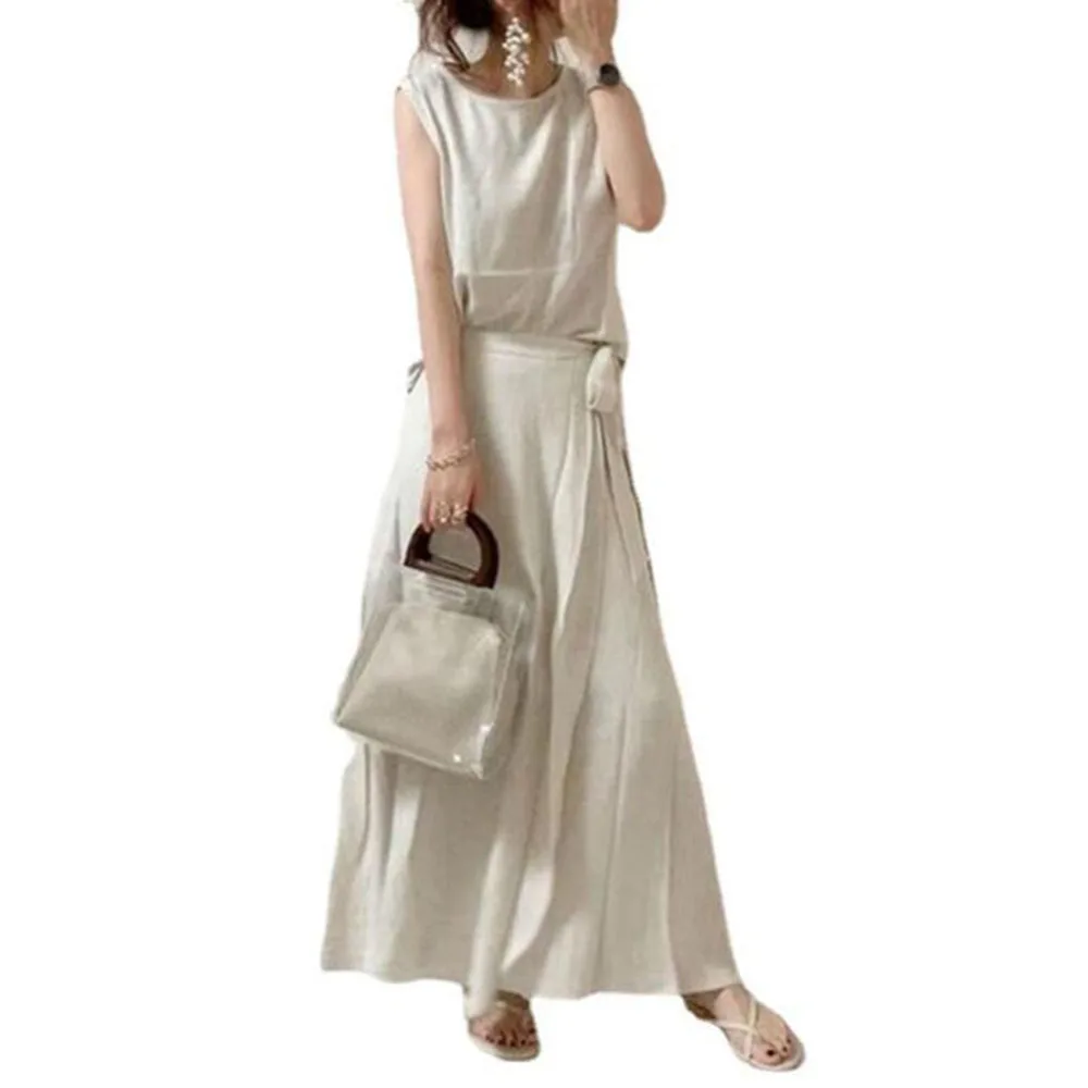 

Summer 2021 Japanese Solid Color Sleeveless Women's Two Piece Sets Simplicity Fashion Casual Loose Round Neck High Waist