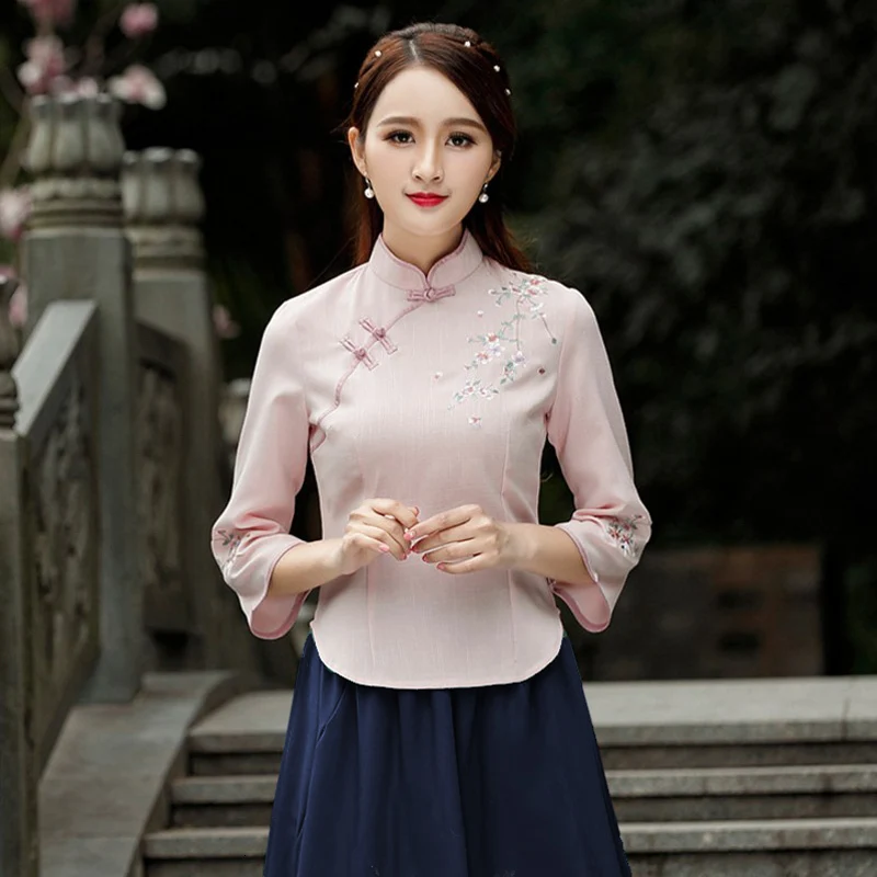 Зеленые хлопковые топы Qipao восточные рубашки-Ципао с коротким рукавом рубашки