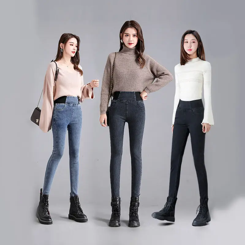 Warm Jeans Winter 2023 New Velvet Thick Jeans Elastic High Waist Pencil Pants Female Pantalon Loose Fleece Denim Pants X380