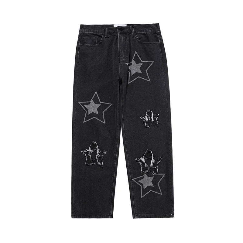 

Hip Hop Stars Embroidery Retro Washed Jeans Pants for Men Straight Oversize Black Blue Ripped Casual Couple Denim Trousers