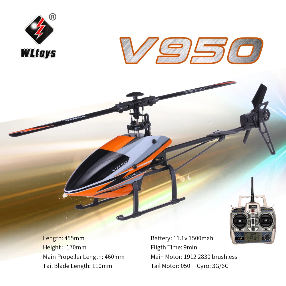 

WLtoys V950 Big Helicopter 2.4G 6CH 3D6G System Brushless Flybarless RC Helicopter RTF Remote Control Toys