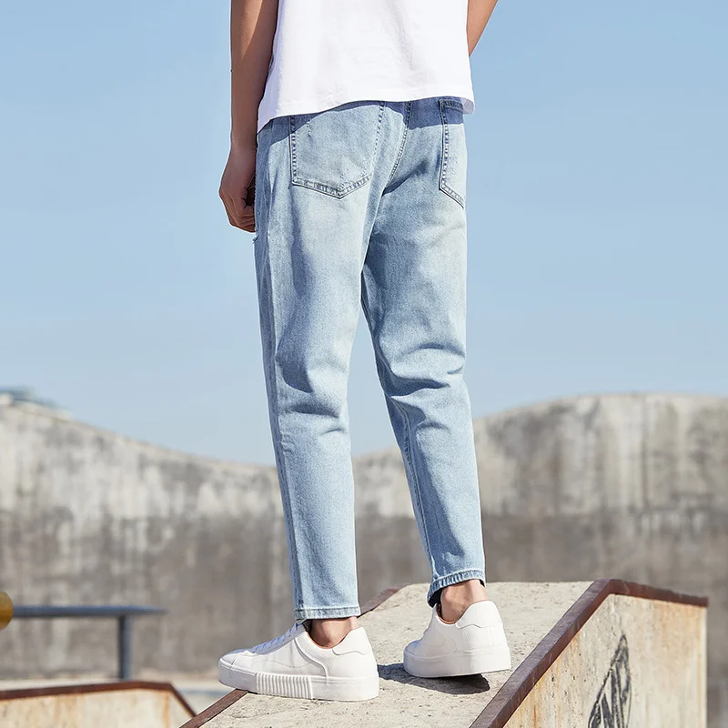 

SEMIR Jeans Men 2021 Summer New Small Cone Ninth Point Pants Personality Belt Washed Ripped Pants Hancheng Trend