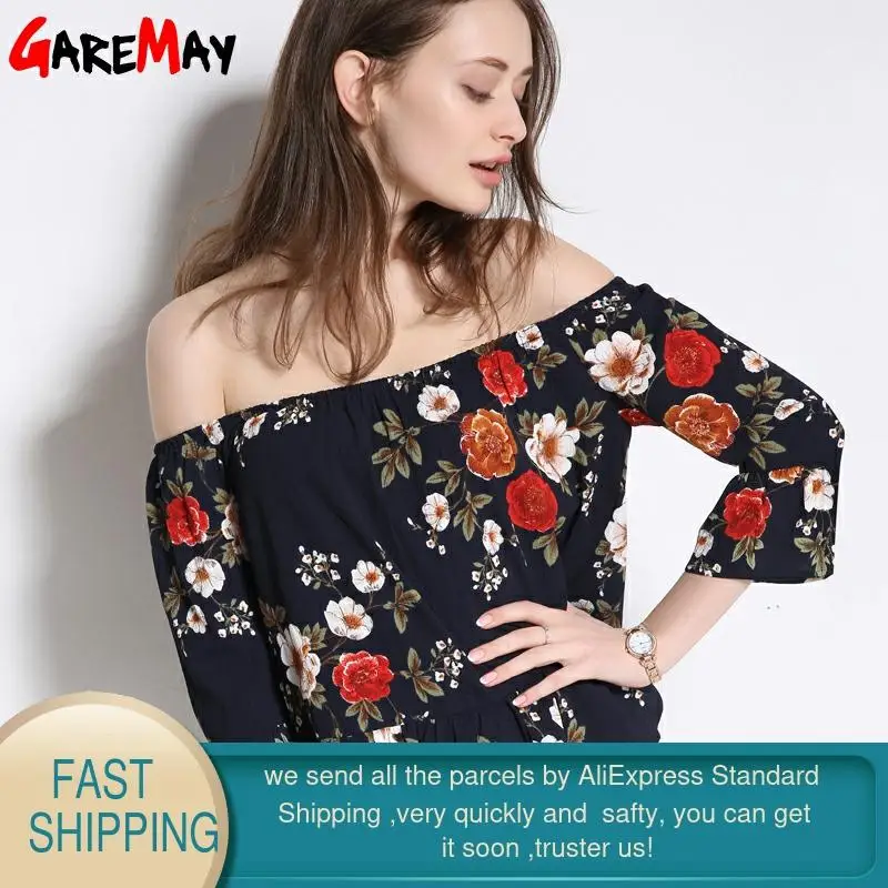 Женская шифоновая блузка с цветочным принтом Женский Топ открытыми плечами и