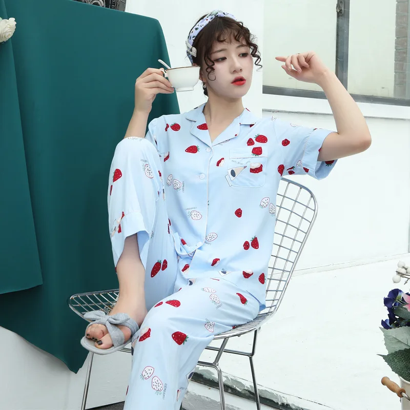 Spring Summer New Pajamas Women's Short Sleeve Trousers Nightwear Set Loose Cardigan Thin Home Wear Lapel Suit Sleepwear
