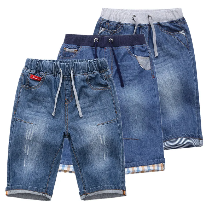 Boys Denim Shorts Summer Fashion Brand Design Kids Print Embroidery Lattice Jean Short Pants For Teen Boy 2-14 Years Clothes