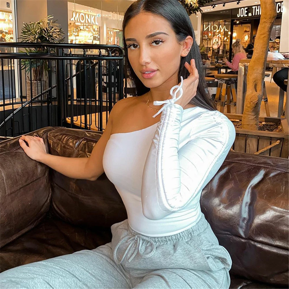 

Sexy One Shoulder Crop Tops Women T shirts Autumn Clothes Drawstring Long Sleeve Slim Fit Solid Leisure Basic Bodycon Tees
