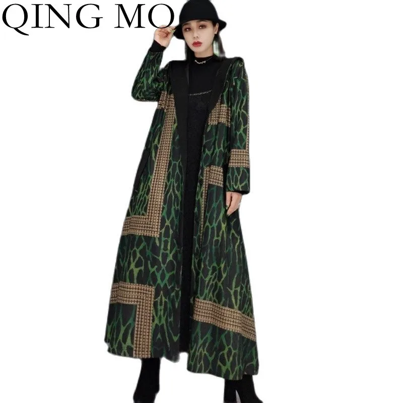 

Женский длинный кардиган с капюшоном QING MO, свободная ветровка с леопардовым принтом, зеленое пальто большого размера, осень 2021
