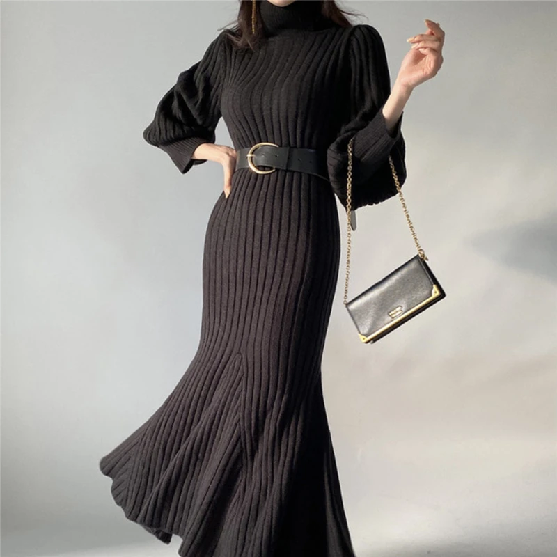 

2021 New Women Autumn and Winter French Temperament High-neck Slim Slimming All-match Lantern Sleeve Fishtail Knitted Dress
