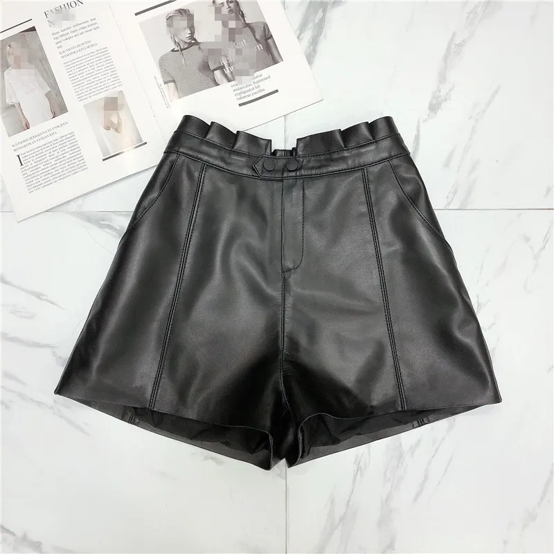 

Women High Quality Ruffle High Waist Wide Leg Shorts Ladies Casual Streetwear Boot Cut Sheepskin Genuine Leather Shorts Trousers
