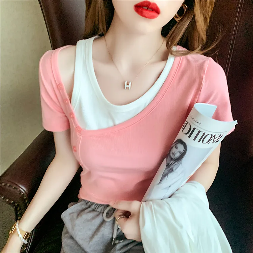 

Summer Cotton T Shirt Summer Short Sleeve Slim Fit Basic Tops Women High Quality Fashion Fake 2 Piece Designer Tee Shirt Femme