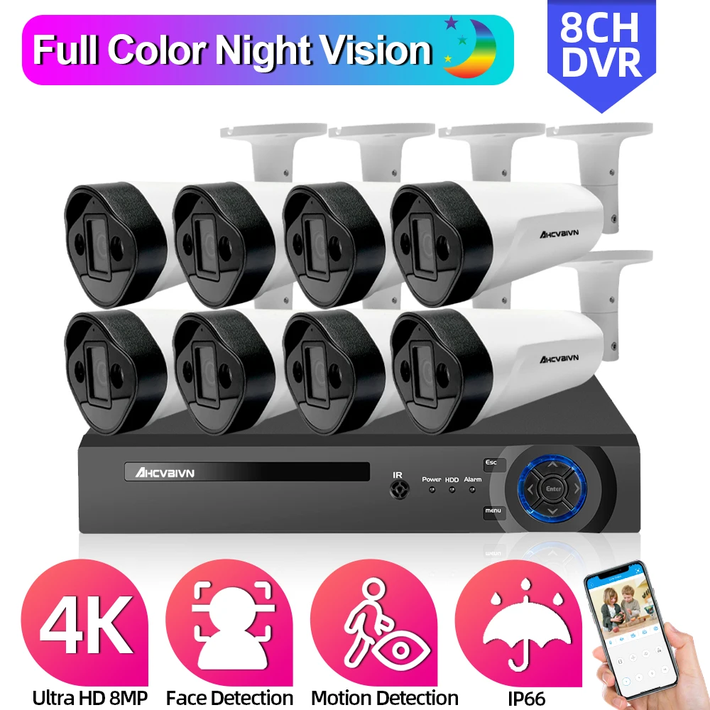

AHCVBIVN 8MP Full Color Night Surveillance System 8CH AHD DVR Outdoor Waterproof Home AI Face CCTV Camera Security System Kit
