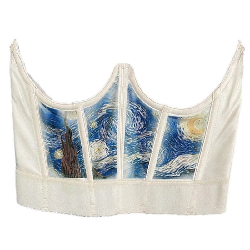 

New Women Sexy Underbust Bustiers Corset Vintage Art Oil Painting Starry Night Print Waist Shaper Girdle Cincher Elastic Slim