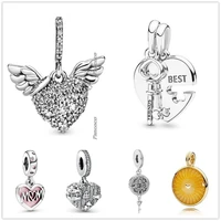 authentic 925 sterling silver sparkling heart and angel wings with crystal charm bead fit pandora bracelet necklace jewelry