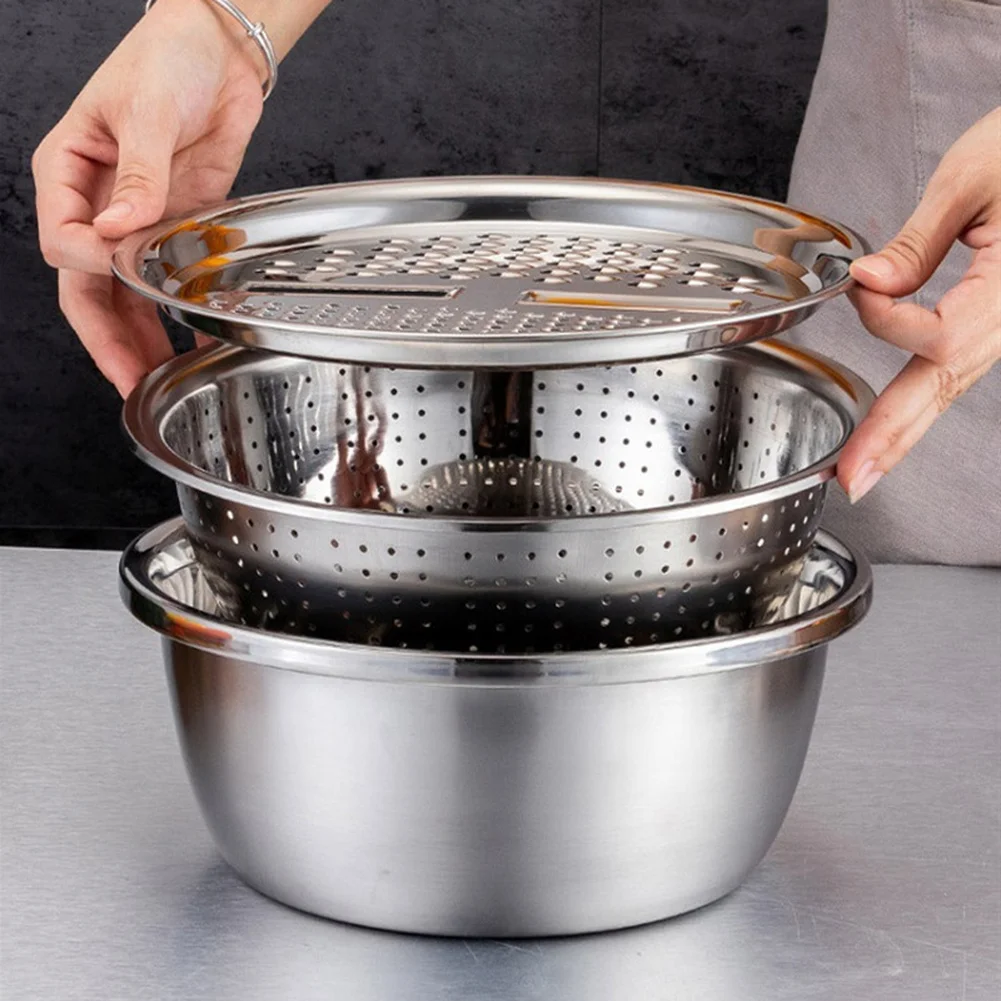 

3 in 1 Stainless Steel Drain Basket Vegetable Cutter Cheese Grater Vegetable Fruit Rice Food Washing Bowl Strainer Set