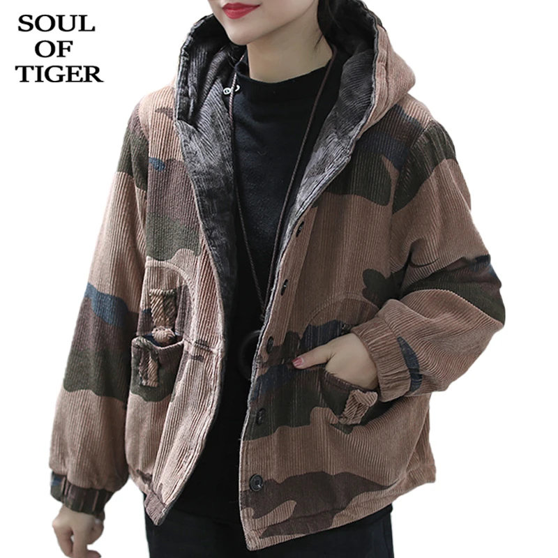 Женская винтажная Вельветовая куртка SOUL OF TIGER модная камуфляжная зимняя в