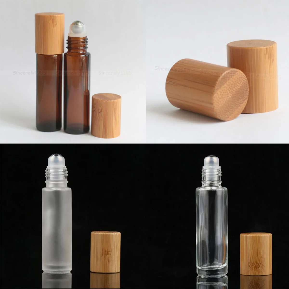 100PCS 5ML 10ML Natural Bamboo Lid/Cap Thick Clear Glass Essential Oil Roll On Bottle Metal Roller Ball for Perfume Aromatherapy