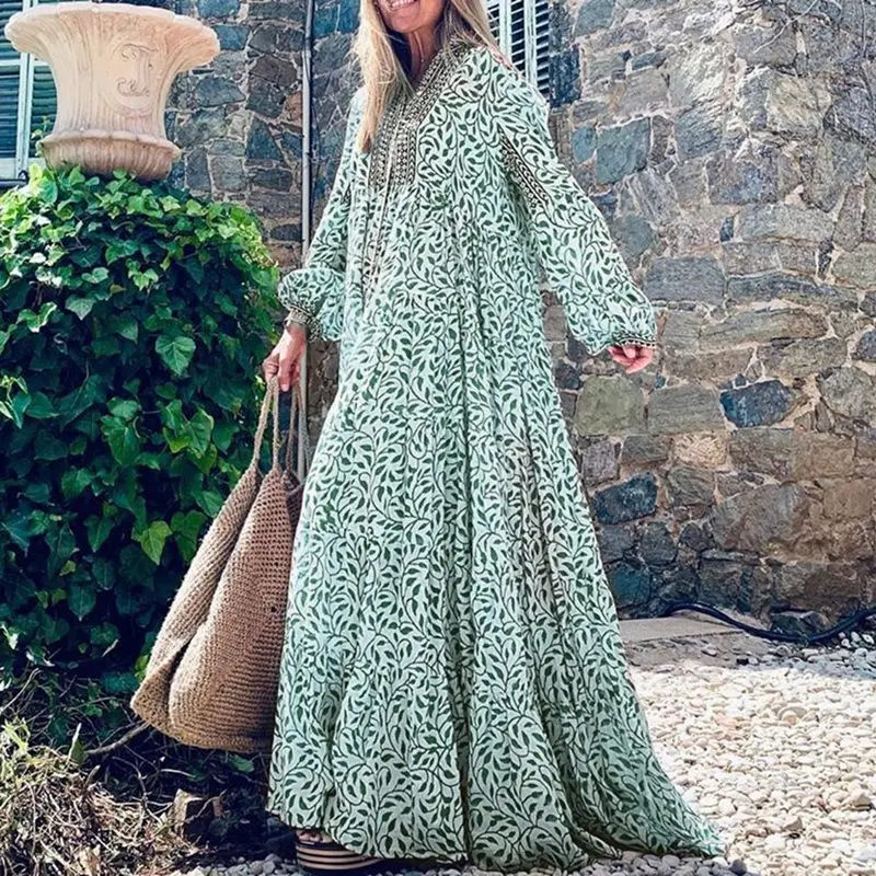 Осенне-весеннее женское богемное платье в пол свободное большого размера с