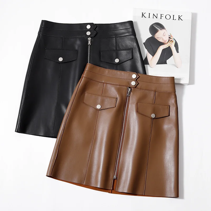 

SHZQ High Quality 2021 New Women Natural Leather Skirt Genuine Sheepskin Skirt High Waist Korean Slim A-line Pack Hip Skirt